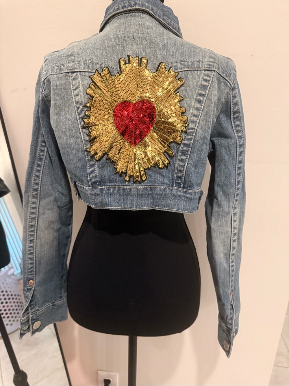 Haute monde Denim Cropped Jacket with Gold & Red Sequin Heart
